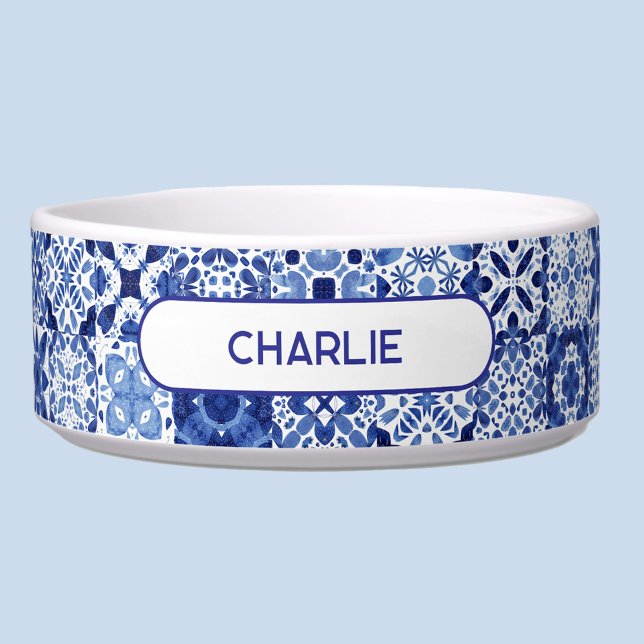 Mediterranean Blue White Tile Pet Name Watercolor Bowl (Modern Mediterranean blue and white watercolor tile pattern personalized custom dog cat name bowl)