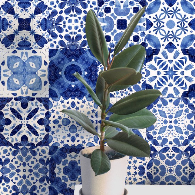Mediterranean Blue White Tile Watercolor Wallpaper (Mediterranean blue and white tile pattern watercolor peel and stick wallpaper)