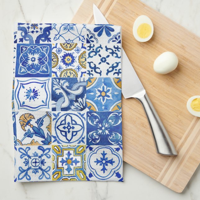 Mediterranean Blue, White & Yellow Floral Pattern Tea Towel (Quarter Fold)