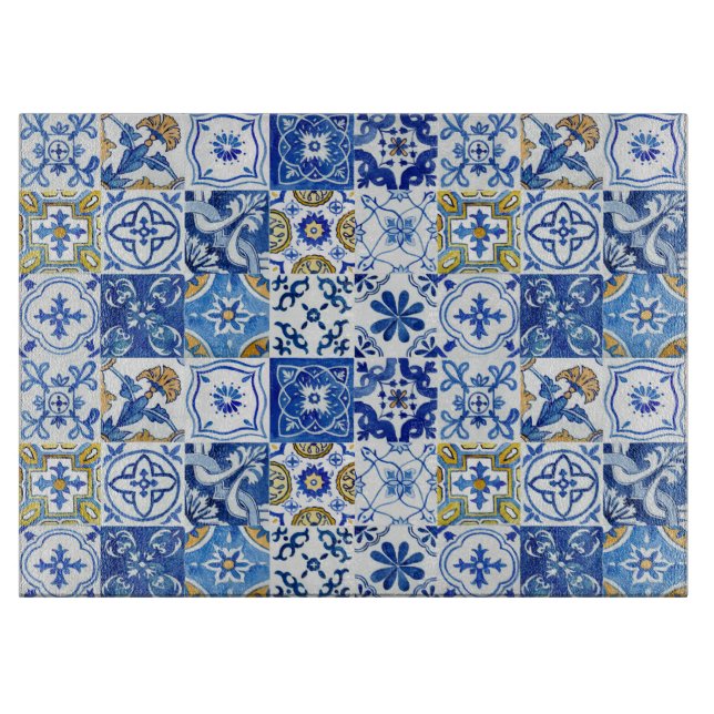 Mediterranean Blue, White & Yellow Summer Pattern Cutting Board (Front)