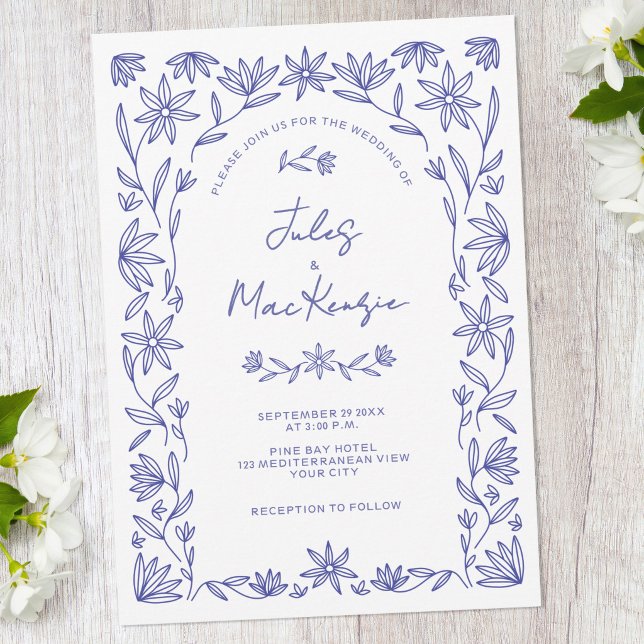 Mediterranean Blue Wildflower QR Code Wedding Invitation (Mediterranean floral blue and white QR code wedding invitaiton)
