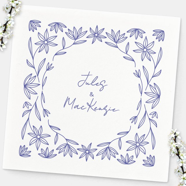 Mediterranean Blue Wildflower Wedding Napkin (Modern Mediterranean blue white floral line art wedding couple names party paper napkins)