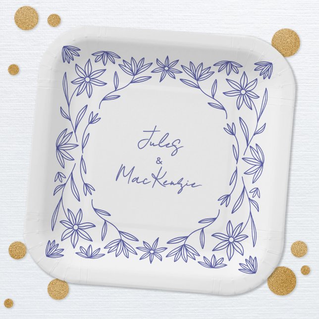 Mediterranean Blue Wildflower Wedding Paper Plate (Mediterranean blue and white wildflower line art wedding party paper plates)