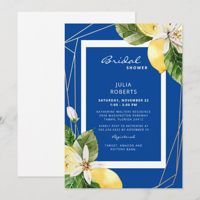 Mediterranean Blue & Yellow Bridal Shower  Invitation (Front/Back)