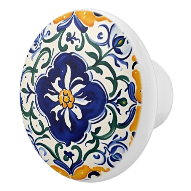 Mediterranean Blue Yellow Floral Flower Portuguese Ceramic Knob (Right)