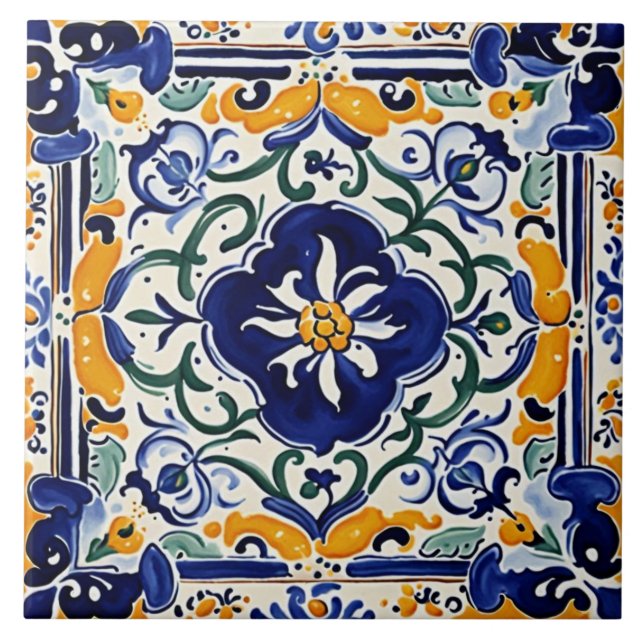 Mediterranean Blue Yellow Floral Flower Portuguese Tile (Front)