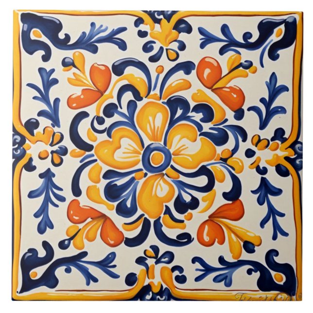 Mediterranean Blue & Yellow Floral Flower Sicilian Tile (Front)