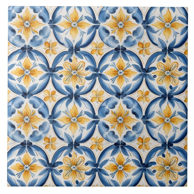 Mediterranean Blue & Yellow Floral Tile (Front)