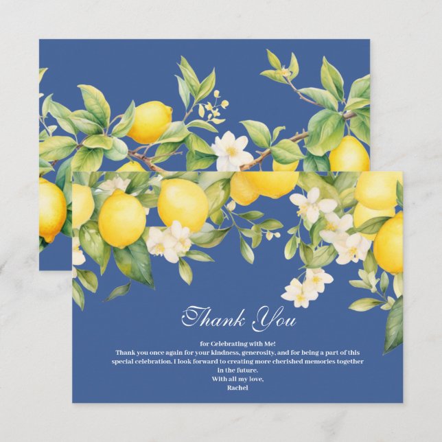 Mediterranean Blue & Yellow Lemon Bridal Shower  Thank You Card (Front/Back)