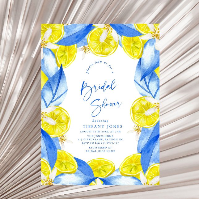 Mediterranean Blue Yellow Lemons Bridal Shower Invitation (Creator Uploaded)