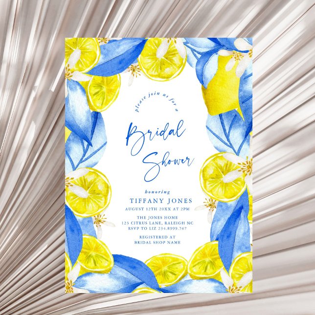 Mediterranean Blue Yellow Lemons Bridal Shower Invitation (Creator Uploaded)