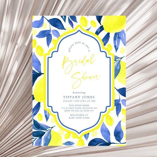 Mediterranean Blue Yellow Lemons Bridal Shower Invitation (Creator Uploaded)