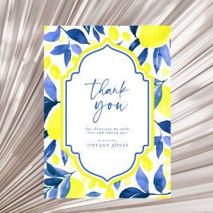 Mediterranean Blue Yellow Lemons Bridal Shower Thank You Card
