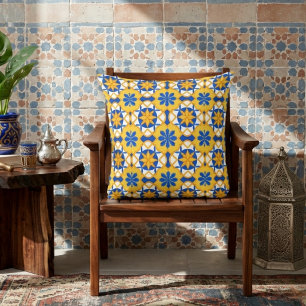 Mediterranean Blue Yellow Moroccan Tile Pattern Cushion