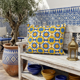 Mediterranean Blue Yellow Moroccan Tile Pattern Decorative Cushion