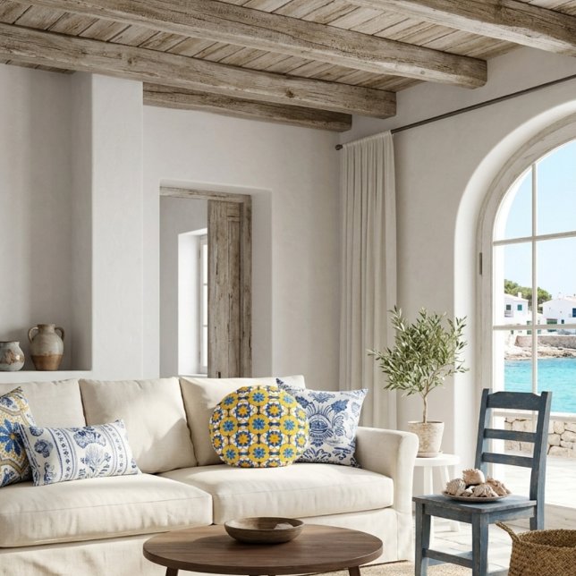 Mediterranean Blue Yellow Moroccan Tile Pattern Round Cushion (Creator Uploaded)
