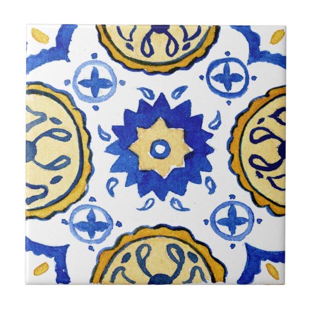 Mediterranean Blue & Yellow Patterned Watercolor Tile (Front)