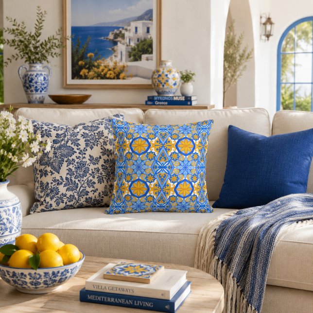 Mediterranean Blue Yellow Portuguese Pattern Cushion (Creator Uploaded)