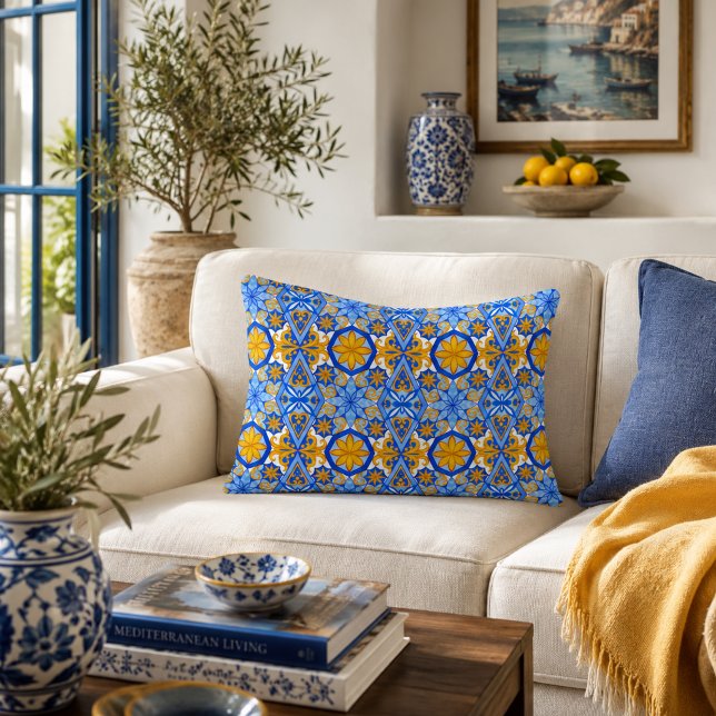 Mediterranean Blue Yellow Portuguese Pattern Decorative Cushion (Creator Uploaded)