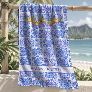 Mediterranean Blue Yellow Sicilian Citrus Tile Beach Towel