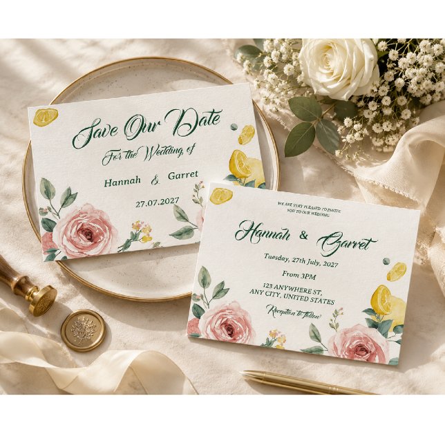 Mediterranean Blush Rose & Lemon Wedding Invitation (Creator Uploaded)