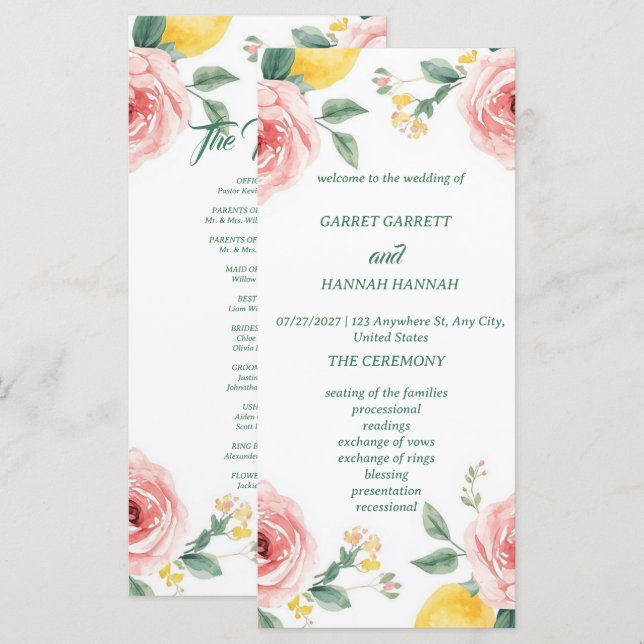 Mediterranean Blush Rose & Lemon Wedding Program (Front/Back)