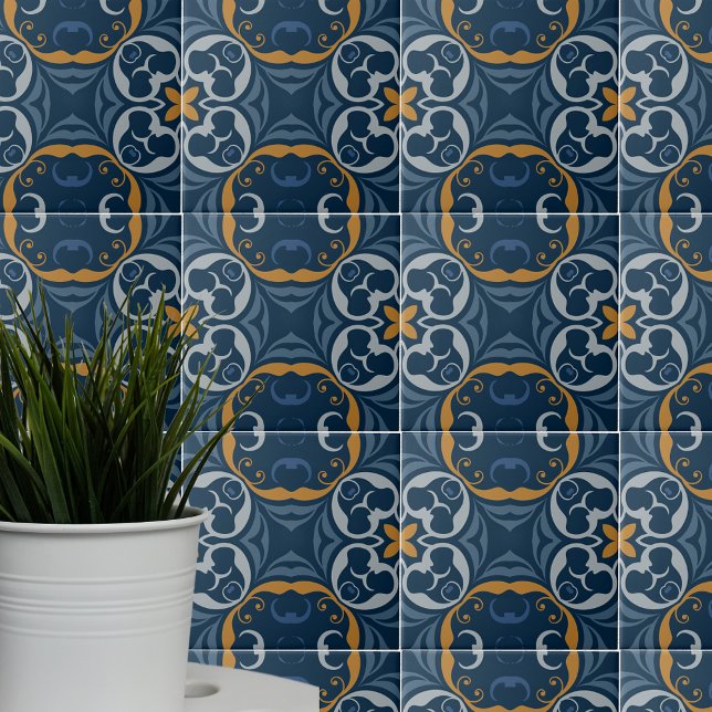 Mediterranean Boho Dark Blue & Orange Gold Pattern Tile (Creator Uploaded)