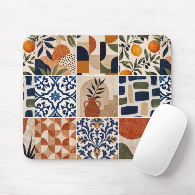 Mediterranean Boho Tile Pattern Mouse Mat (With Mouse)