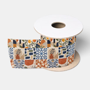 Mediterranean Boho Tile Pattern Satin Ribbon