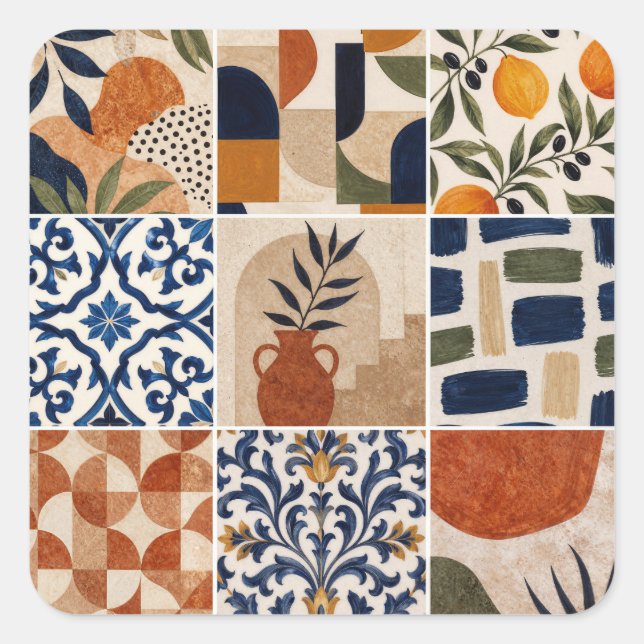 Mediterranean Boho Tile Pattern Square Sticker (Front)