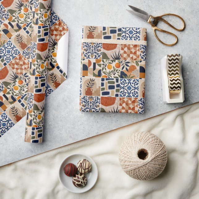 Mediterranean Boho Tile Pattern Wrapping Paper (Crafts)