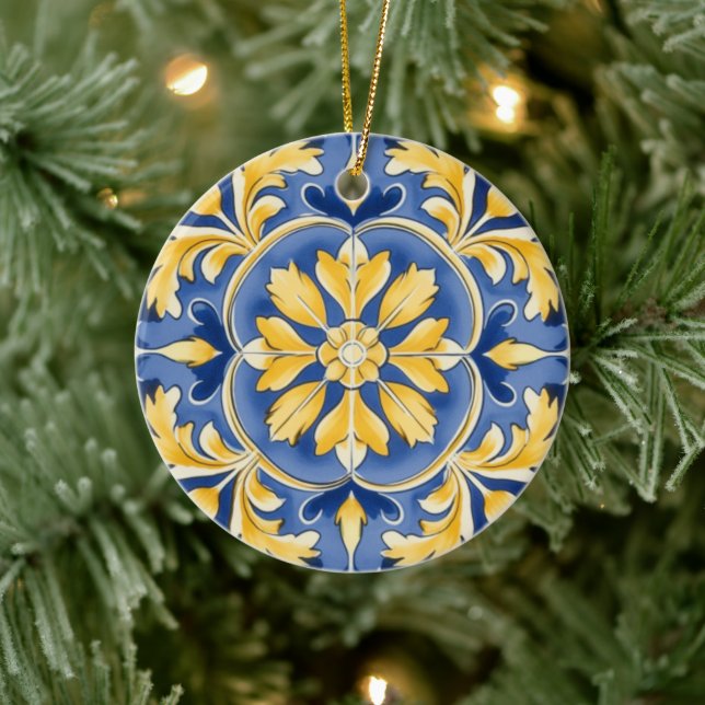 Mediterranean Botanical Pattern - Blue and Yellow Ceramic Tree Decoration (Tree)