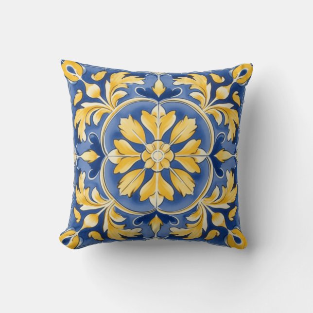 Mediterranean Botanical Pattern - Blue and Yellow  Cushion (Front)