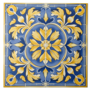 Mediterranean Botanical Pattern - Blue and Yellow Tile