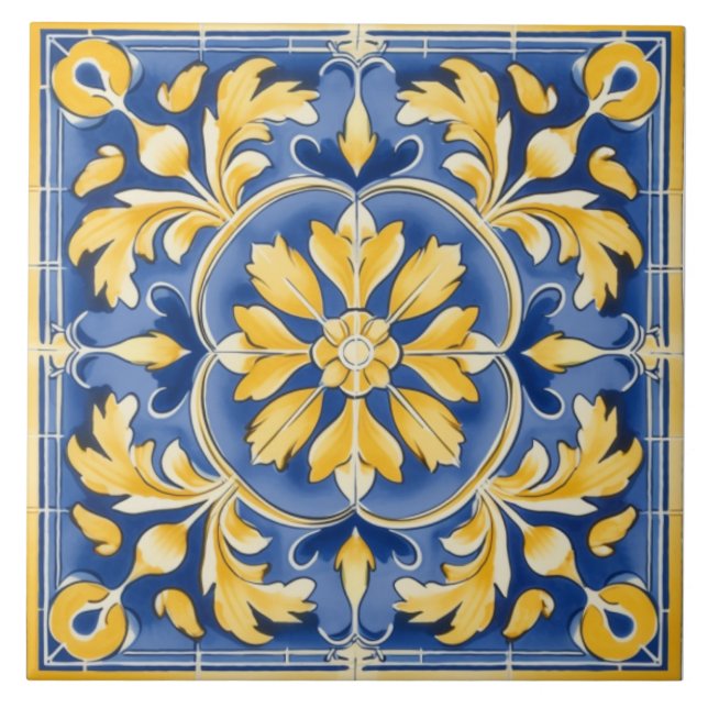 Mediterranean Botanical Pattern - Blue and Yellow Tile (Front)