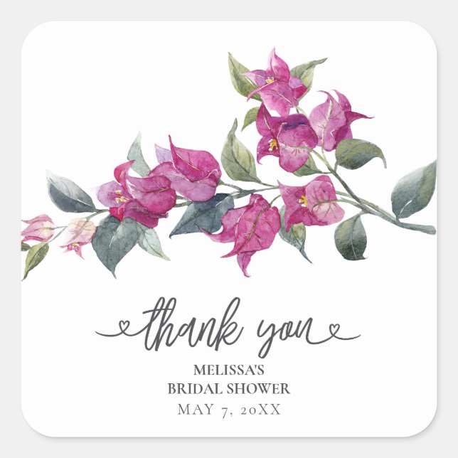 Mediterranean Bougainvillea Bridal Shower Square Sticker (Front)