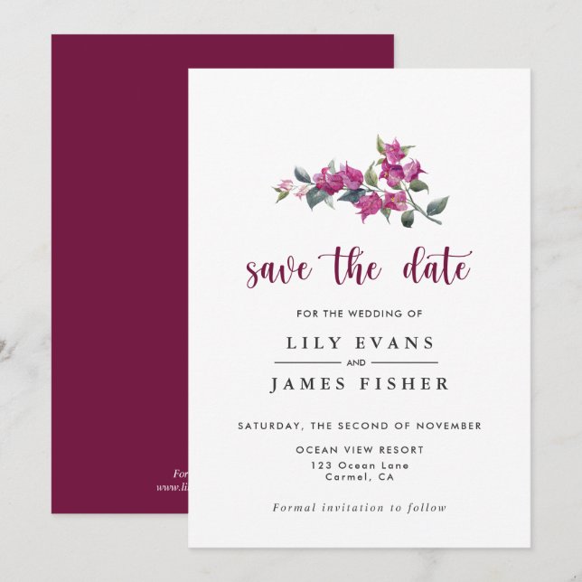 Mediterranean Bougainvillea Burgundy Save the Date Invitation (Front/Back)