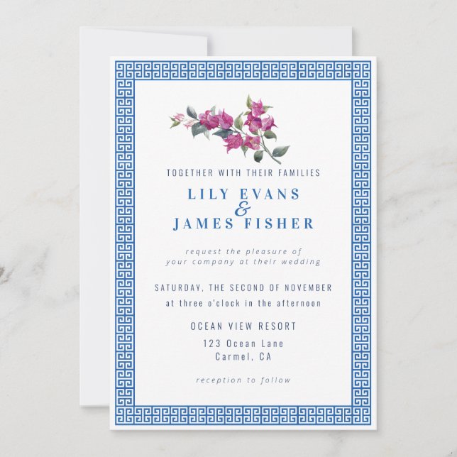 Mediterranean Bougainvillea Greek QR Code Wedding Invitation (Front)