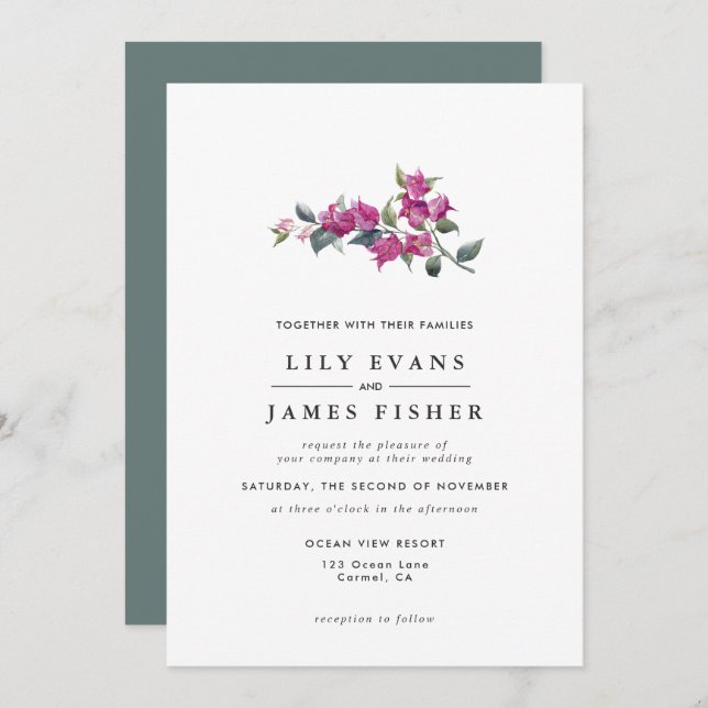 Mediterranean Bougainvillea Pink Burgundy Floral I Invitation (Front/Back)