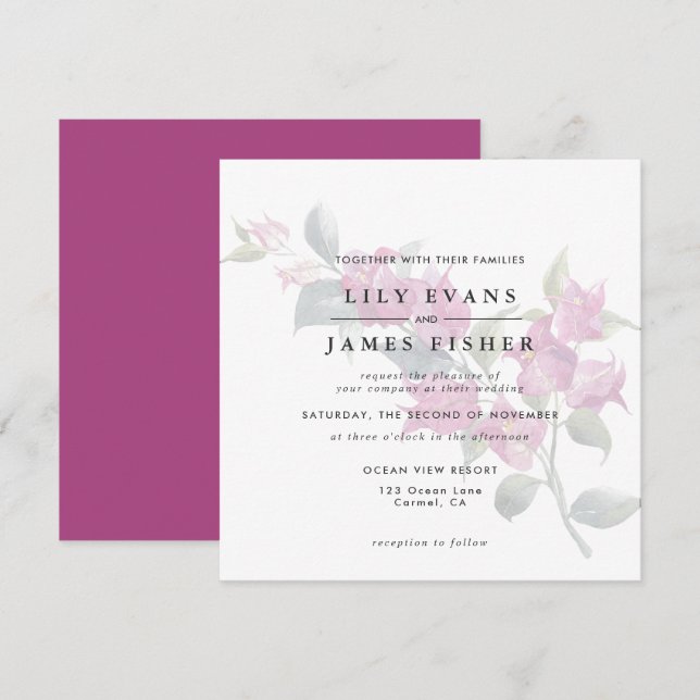 Mediterranean Bougainvillea Pink Floral Wedding Invitation (Front/Back)