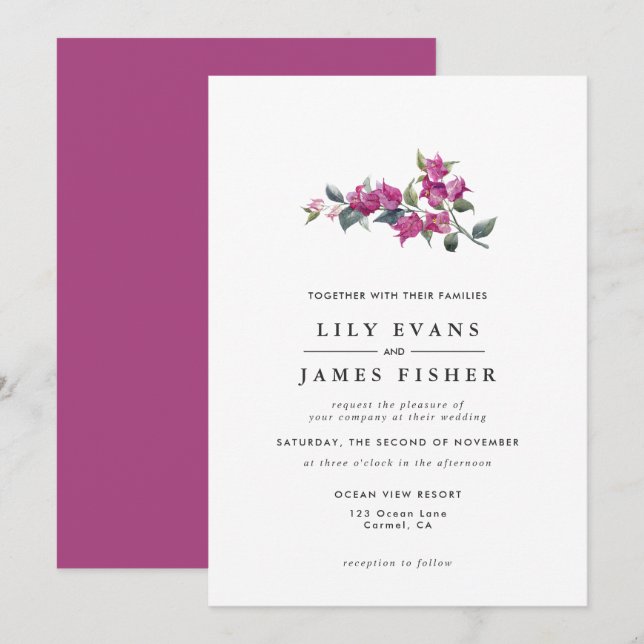 Mediterranean Bougainvillea Pink Floral Wedding  Invitation (Front/Back)