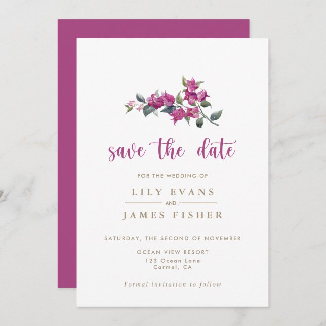Mediterranean Bougainvillea Pink Save the Date Inv Invitation (Front/Back)