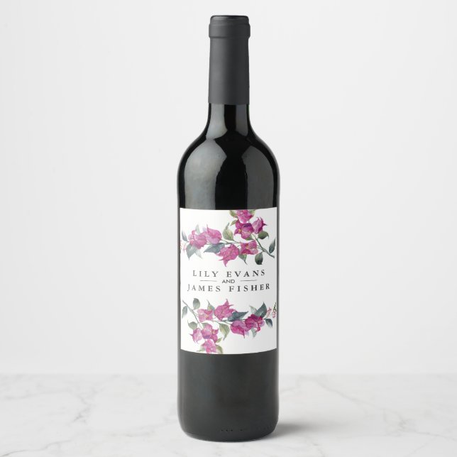 Mediterranean Bougainvillea Wedding Favour Wine Label (Front)