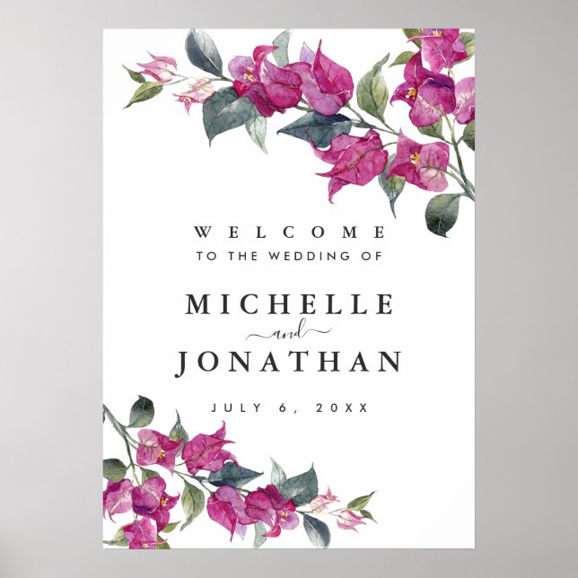 Mediterranean Bougainvillea Wedding  Welcome Sign (Front)