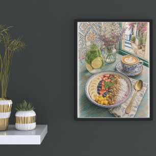 Mediterranean Breakfast Bowl and Latte Coloured Pe Poster