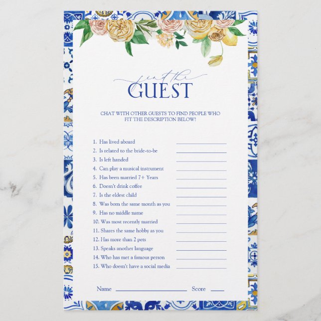 Mediterranean Bridal Shower Find the Guest Game (Front)