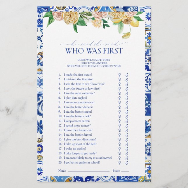 Mediterranean Bridal Shower Who Was First Game (Front)
