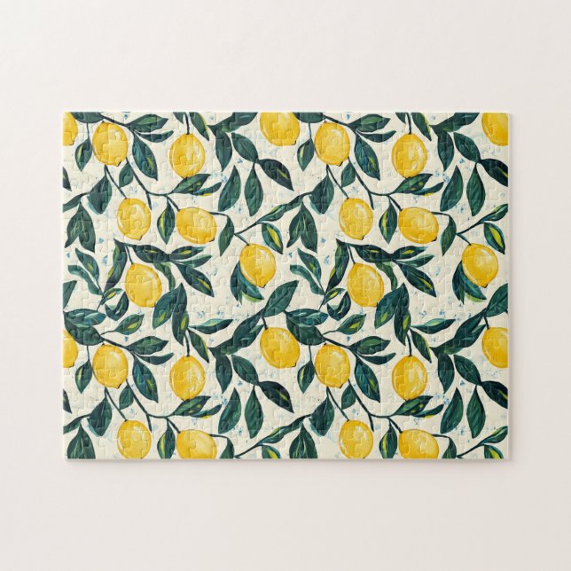 Mediterranean Bright Yellow Lemon Patterned Jigsaw Puzzle (Horizontal)