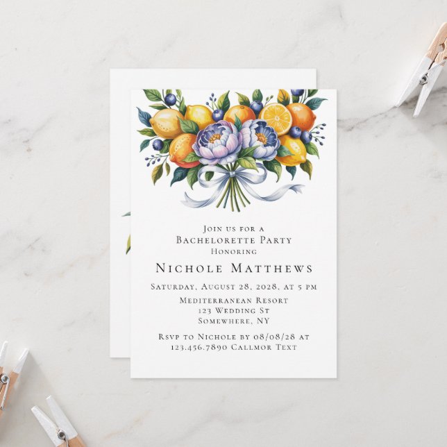 Mediterranean Citrus Bouquet Bachelorette Party Invitation (Front/Back In Situ)