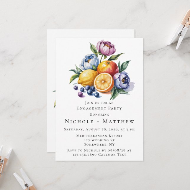 Mediterranean Citrus Bouquet Engagement Party Invitation (Front/Back In Situ)